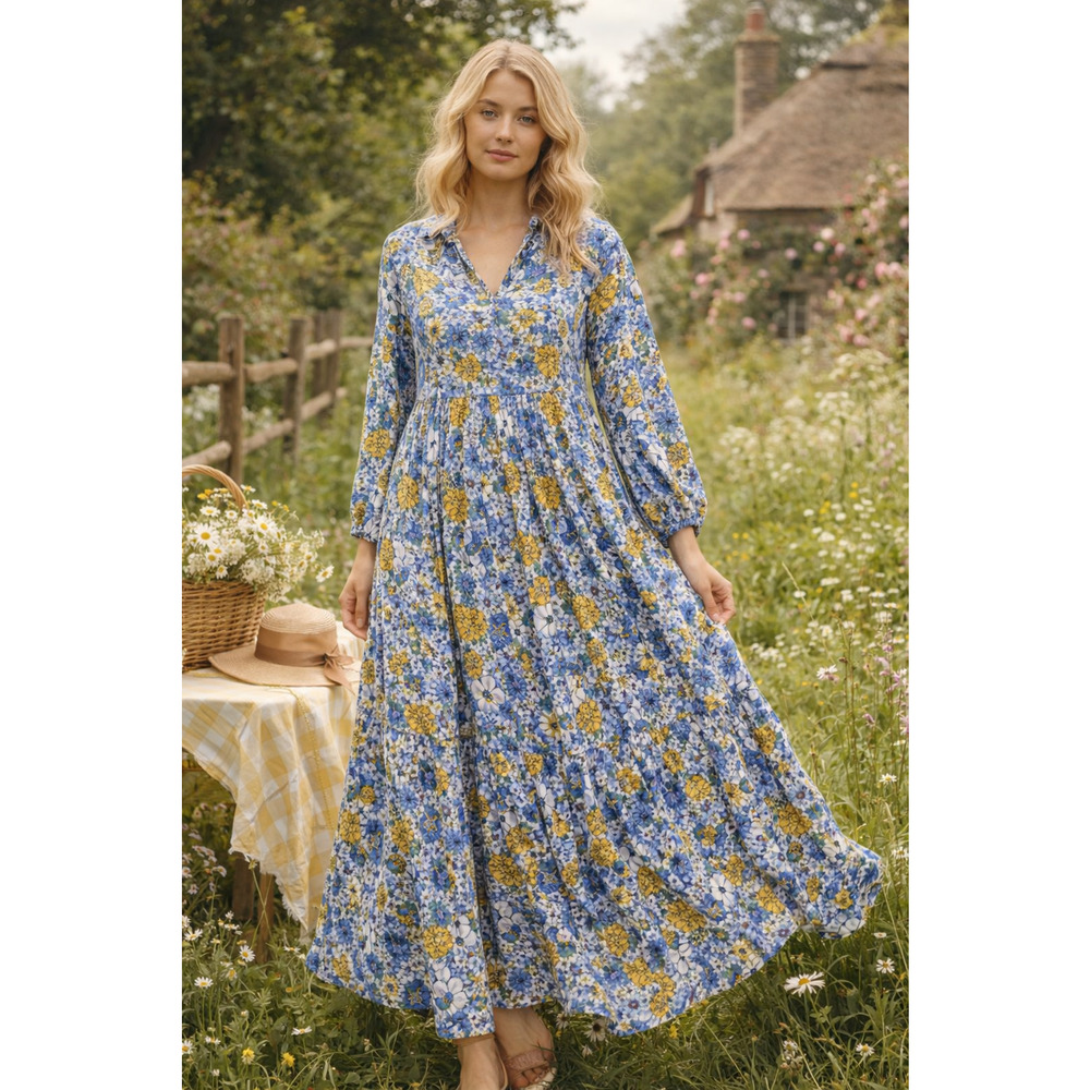 Dokotoo Women’s Small Blue Floral Boho Maxi Dress V Neck Puff Sleeve Tiered